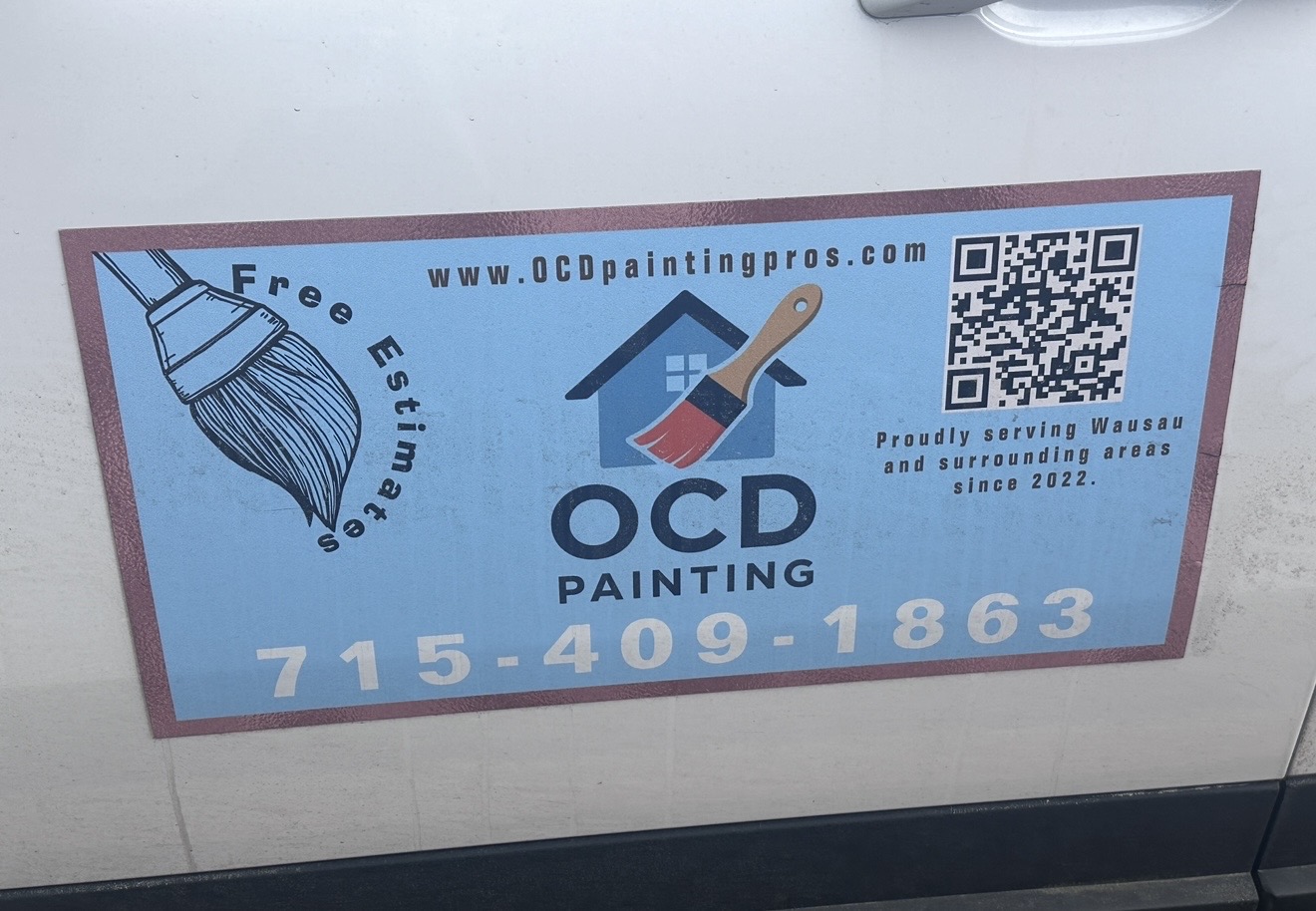 OCD Painting vehicle magnet with logo, phone number, and QR code